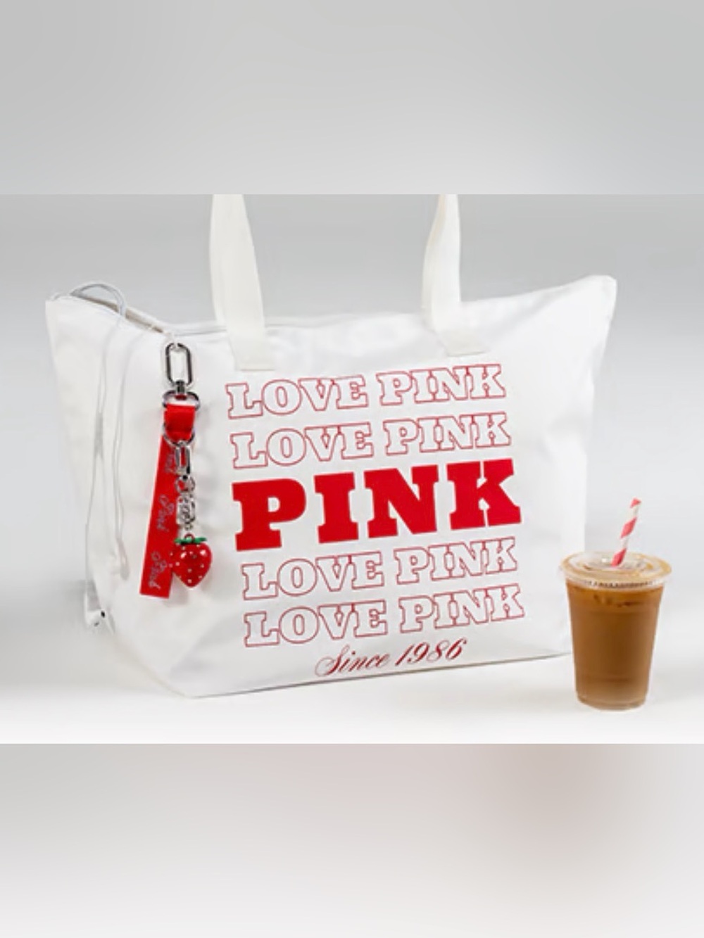 PINK Victoria's Secret White Tote with Red Logo and Strawberry Charm